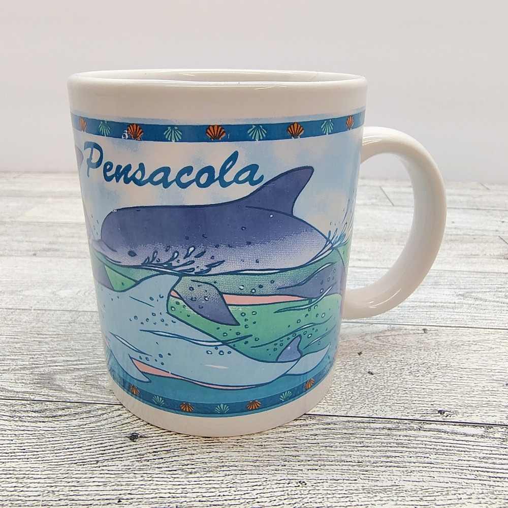 Dolphin Souvenir Coffee Mug Pensacola Ocean Beach Florida White & Blue Ceramic